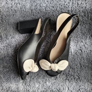 Nine West Black and Cream Bow Peep Toe Slingback Heels